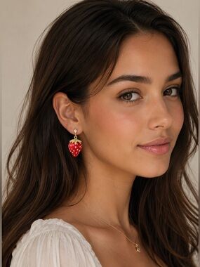 Betsey Johnson Strawberry Drop Earrings Red Resin Strawberry with Crystal Accent